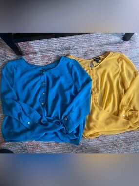 bebe Two-Piece Sheer Button-Front Tops in Teal and Yellow